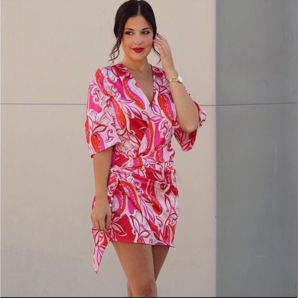 Zara The Carla Satin Crepe Red Pink Faux Wrap Mini‎ Dress Cruise Resort Party S